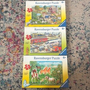 Three Ravensburger Puzzles - Transportation and Farm Themes
